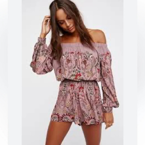 Free People Pretty And Free Romper in mauve color combo size large - Picture 2 of 12